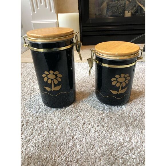 Black/Navy and Gold 2 Piece Set Rubber Seal Kitchen Counter Flour/Sugar/Coffee/T - Picture 1 of 12